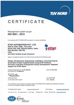ETAP India  ISO 9001:2015 Certificate by TUV Nord